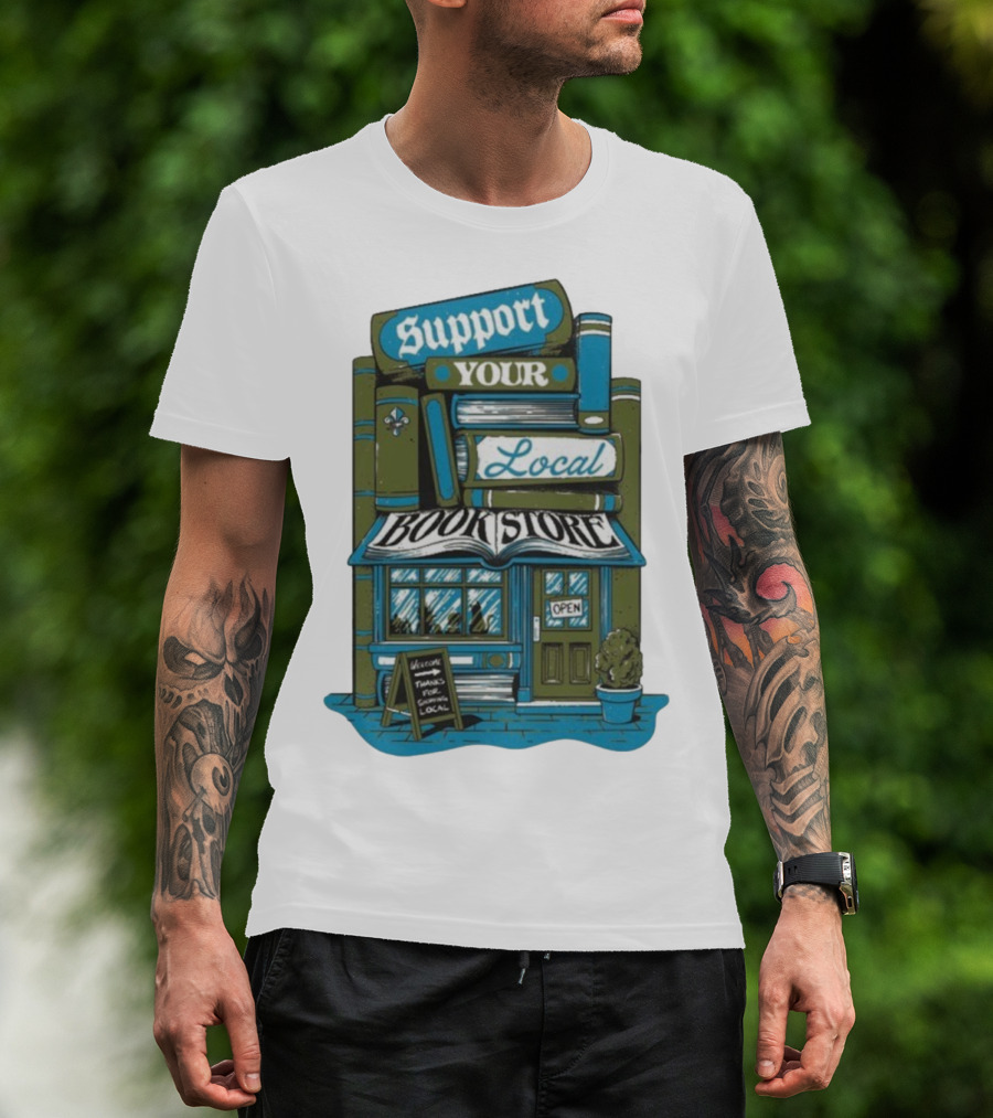 Support Your Local Bookstore Open Vintage Bookshelf Design T-Shirt