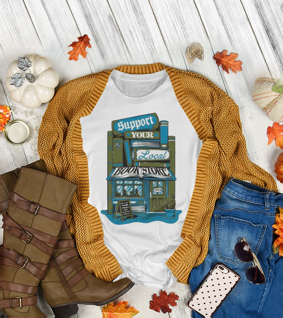 Support Your Local Bookstore Open Vintage Bookshelf Design T-Shirt