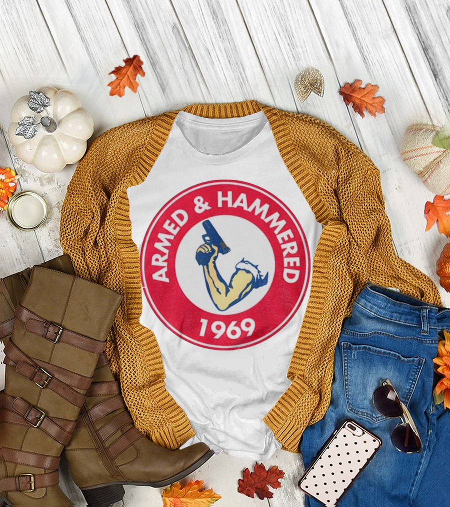 Armed and Hammered 1969 Circle Red and White Vintage Arm with Gun T-Shirt