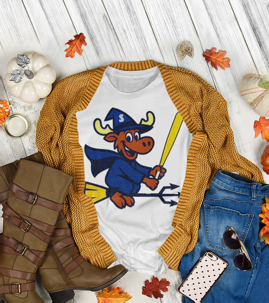 Etsy Moose Witch Seattle Mariners MLB Baseball Cartoon Trident T-Shirt