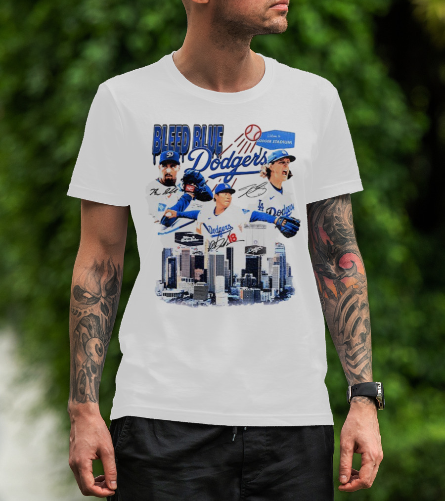 Bleed Blue Dodgers Shohei Ohtani Mookie Betts Yoshinobu Yamamoto Los Angeles Signatures Dodger Stadium T-Shirt