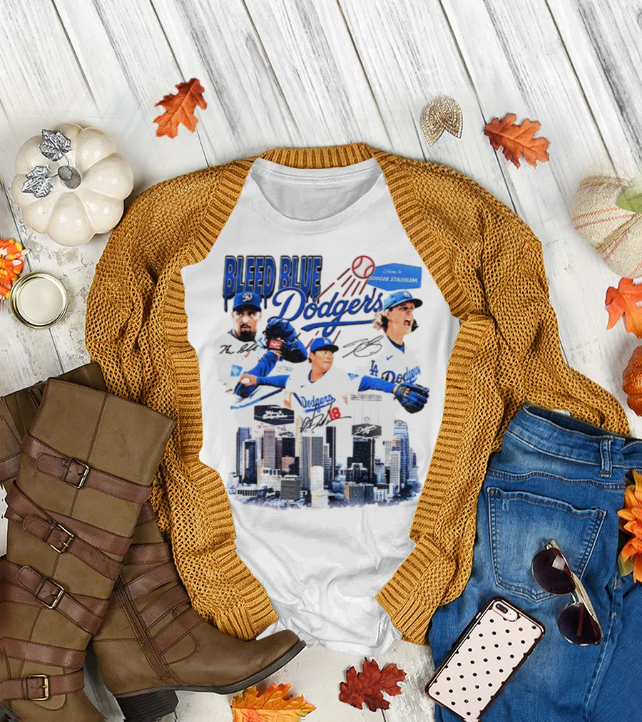 Bleed Blue Dodgers Shohei Ohtani Mookie Betts Yoshinobu Yamamoto Los Angeles Signatures Dodger Stadium T-Shirt