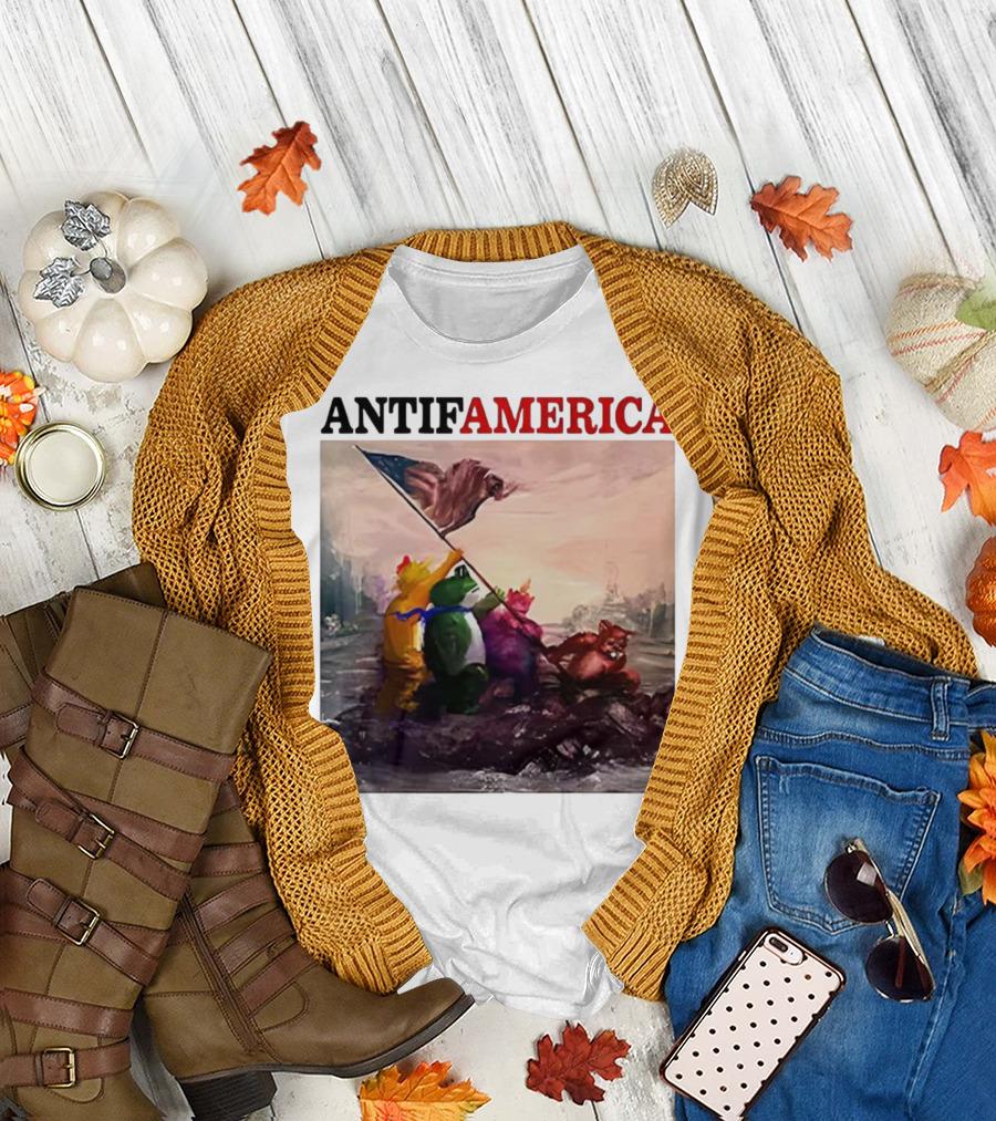 Antifamerica Portland Frog Parody of Iconic Historical Scene with Bold Characters and Flag T-Shirt