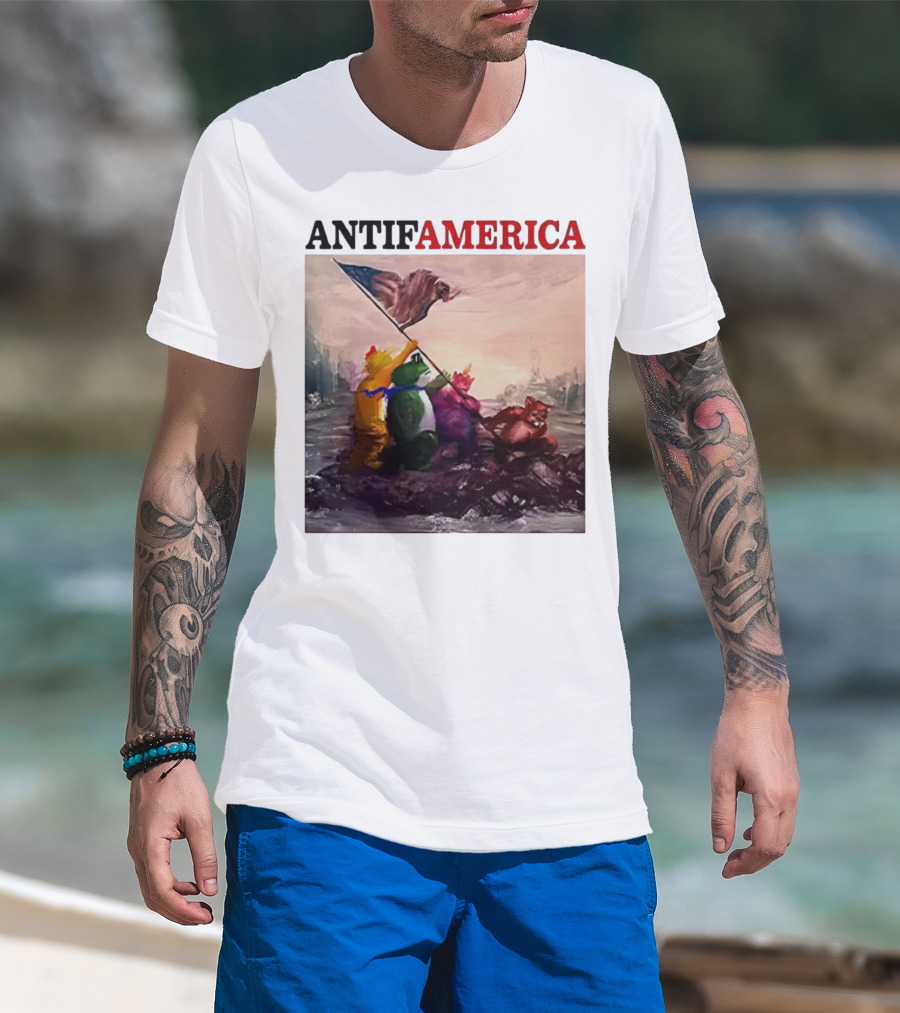 Antifamerica Portland Frog Parody Of Iconic Historical Scene With Bold Characters And Flag T-Shirt