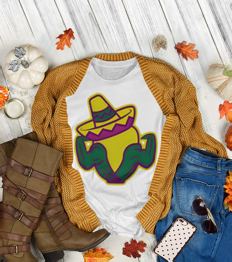 Cedar Rapids Kernels Corn Mascot in Sombrero Green and Yellow Design T-Shirt