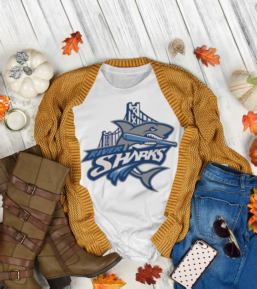 Camden Riversharks Baseball Team River Sharks Text With Shark And Bridge Imagery T-Shirt