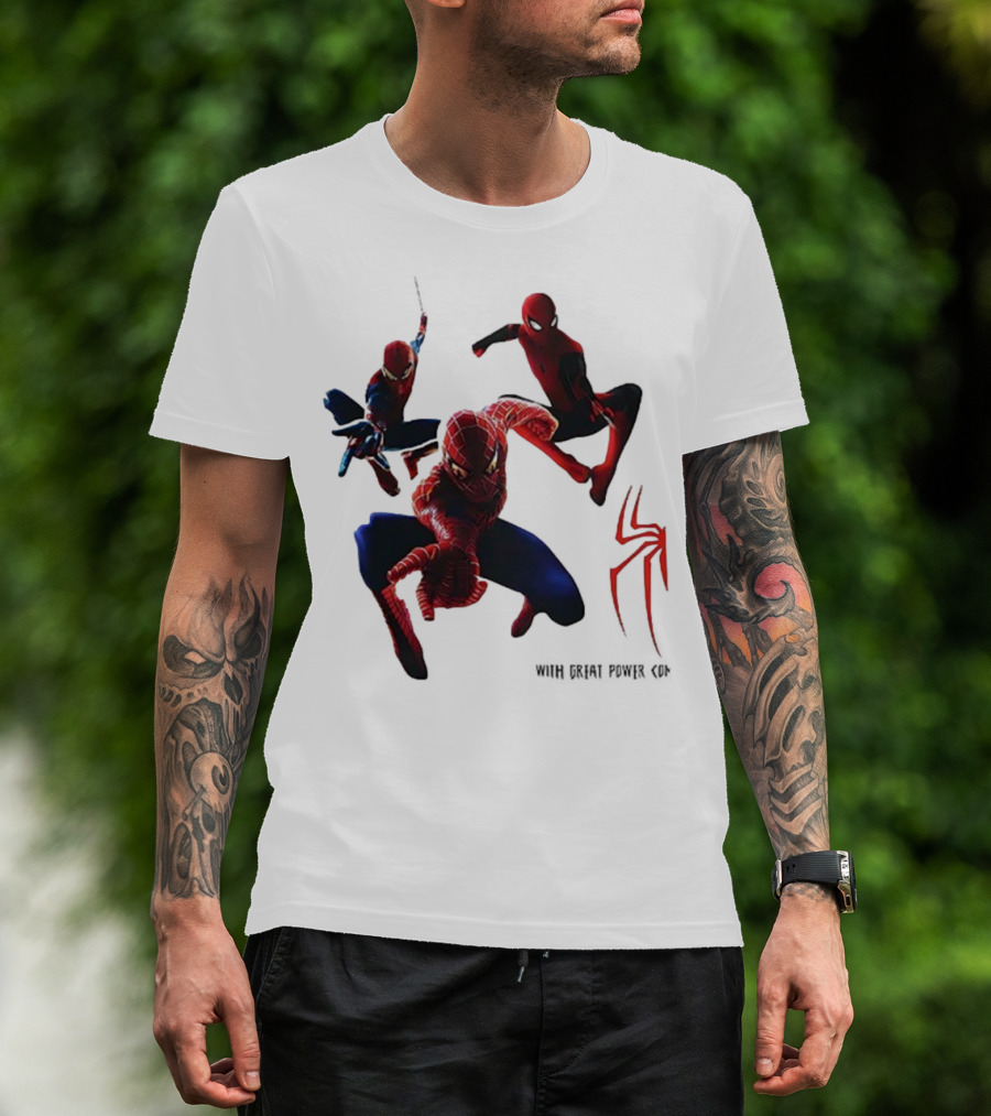 Spider Man Daily Bugle With Great Power Comes Great Responsibility Spider Logo Trio Suit Styles T-Shirt