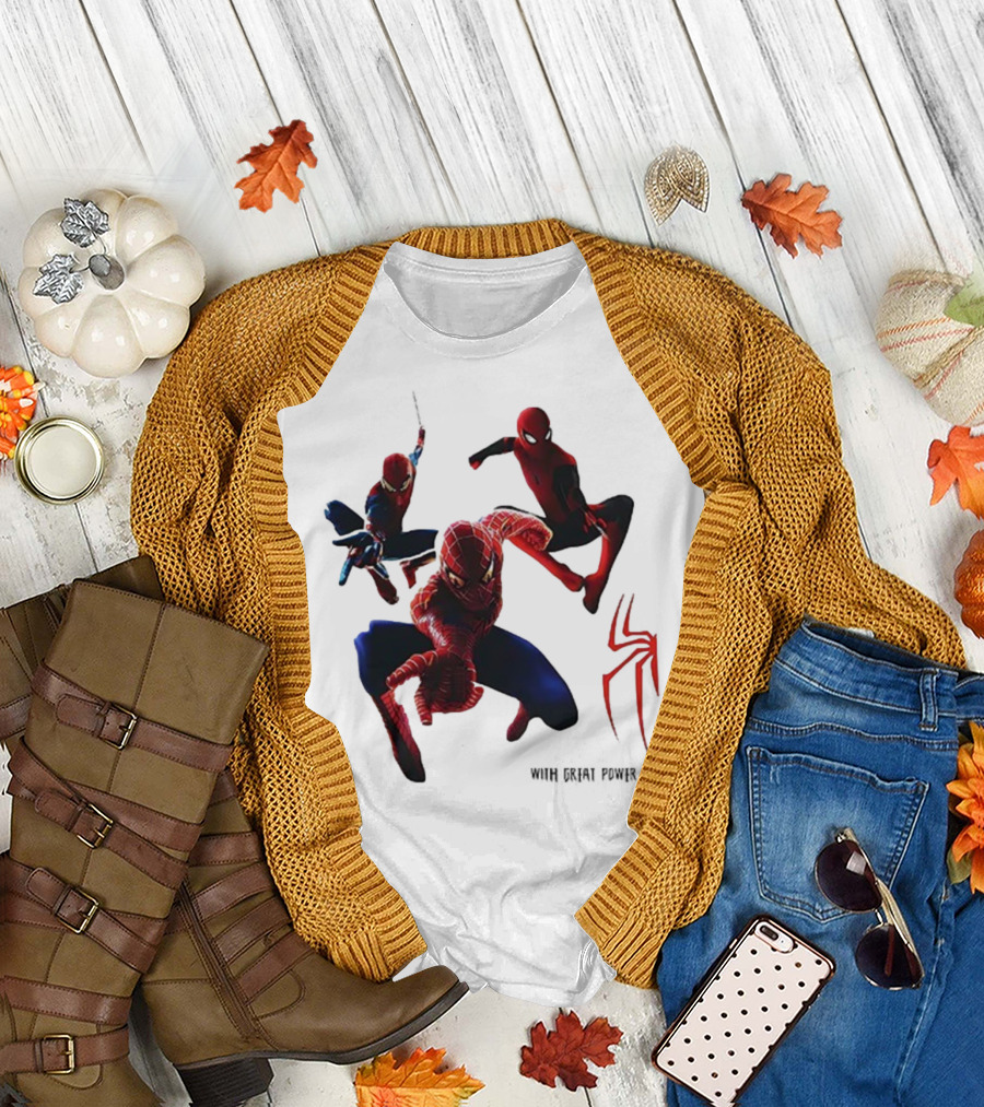 Spider Man Daily Bugle With Great Power Comes Great Responsibility Spider Logo Trio Suit Styles T-Shirt