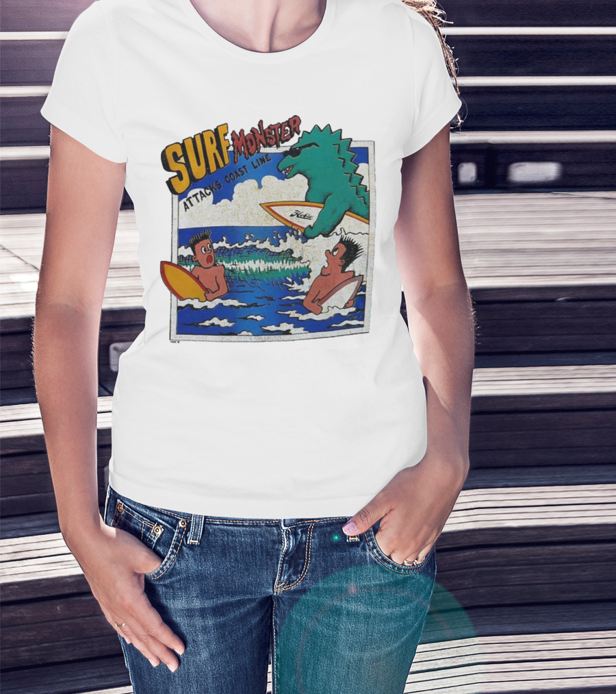 Surf Monster Attacks Coast Line Retro Comic Style Surfing Scene T-Shirt