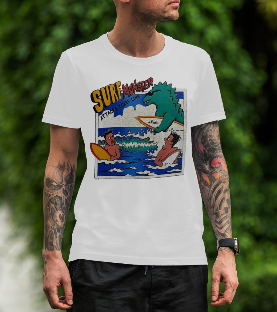 Surf Monster Attacks Coast Line Retro Comic Style Surfing Scene T-Shirt
