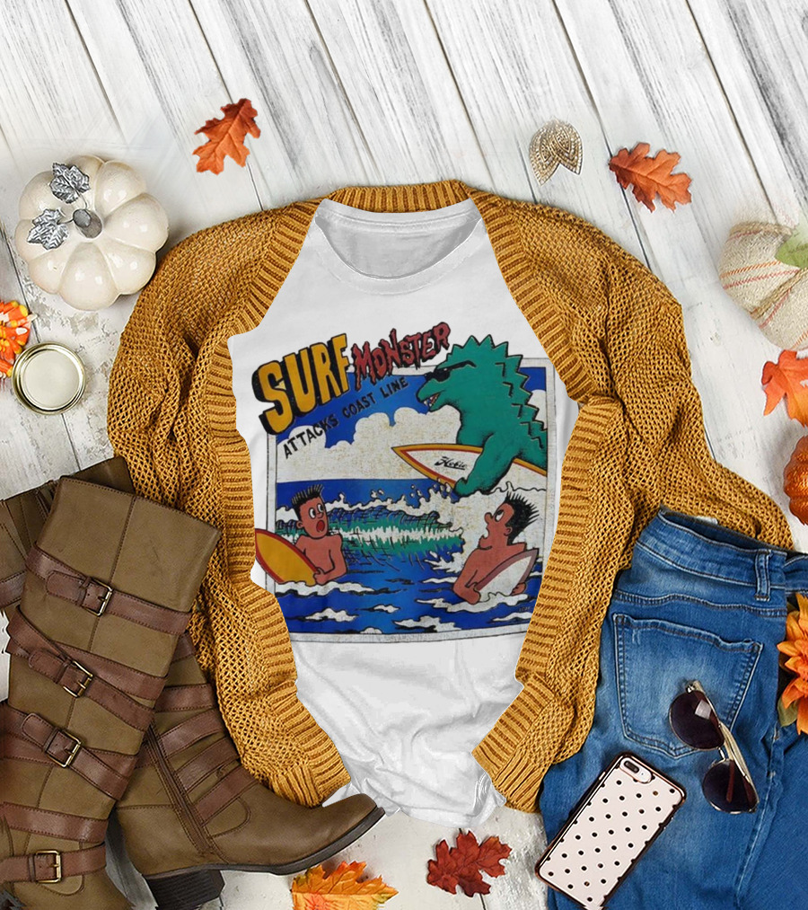 Surf Monster Attacks Coast Line Retro Comic Style Surfing Scene T-Shirt