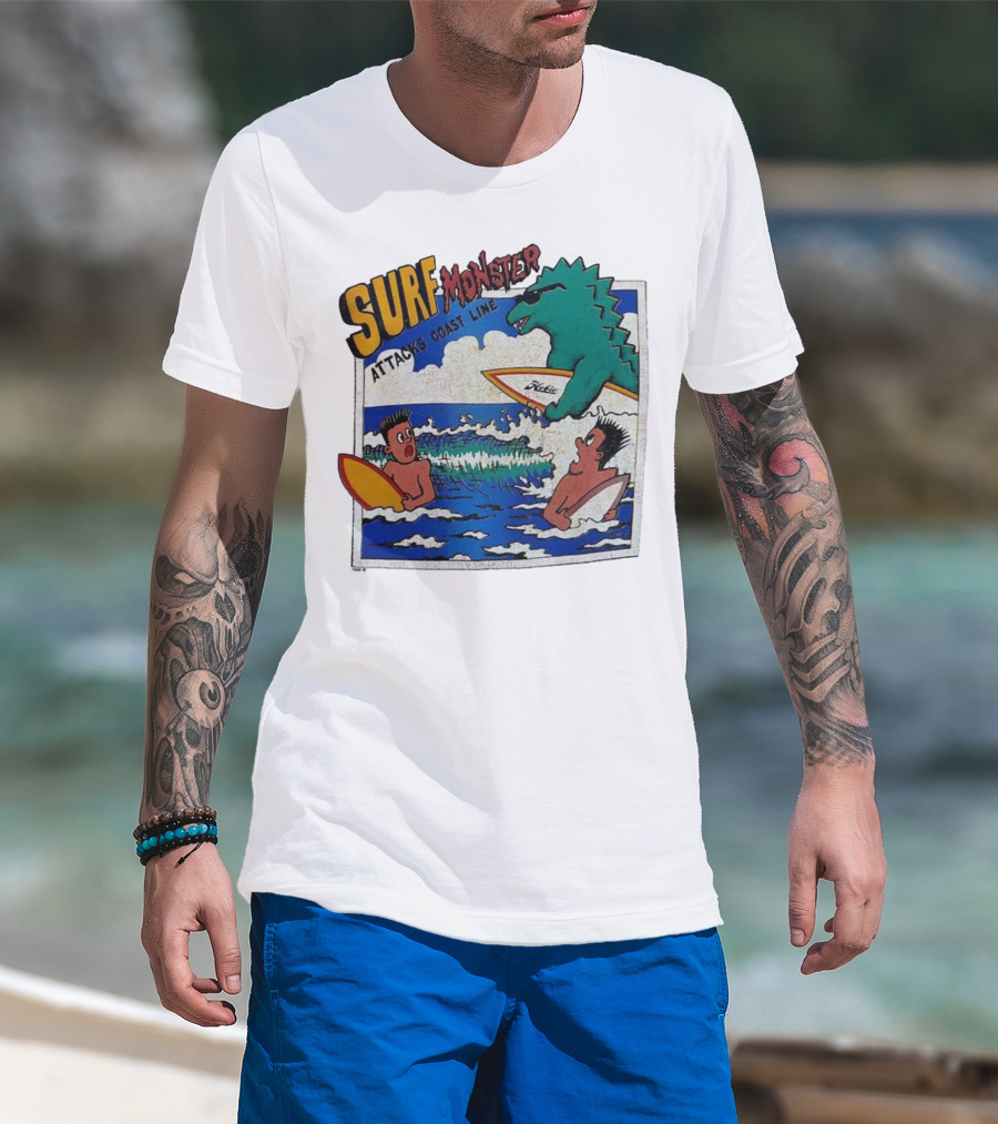 Surf Monster Attacks Coast Line Retro Comic Style Surfing Scene T-Shirt