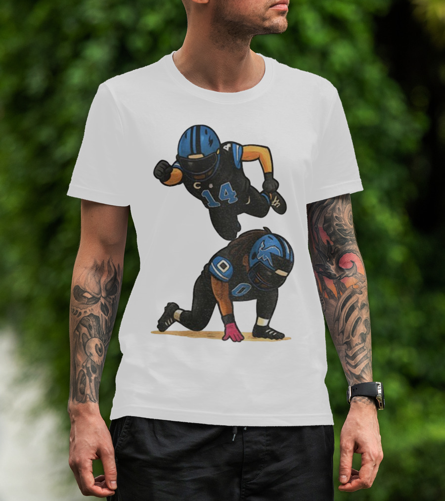 Amon Ra St. Brown Jahmyr Gibbs 14 00 Blue Black Football Celebration T-Shirt