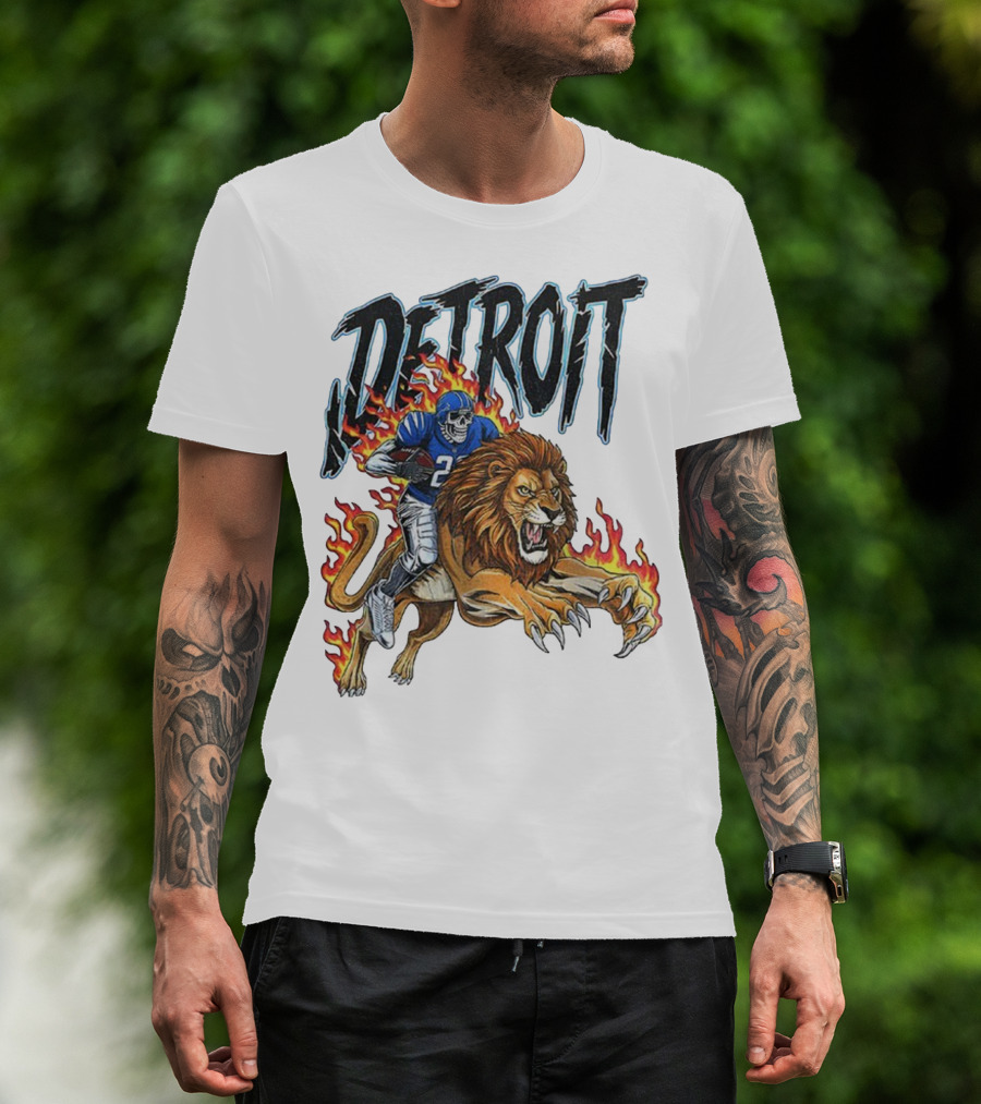 Detroit Lions Vintage Skeleton Riding Flaming Lion Football Game Day T-Shirt