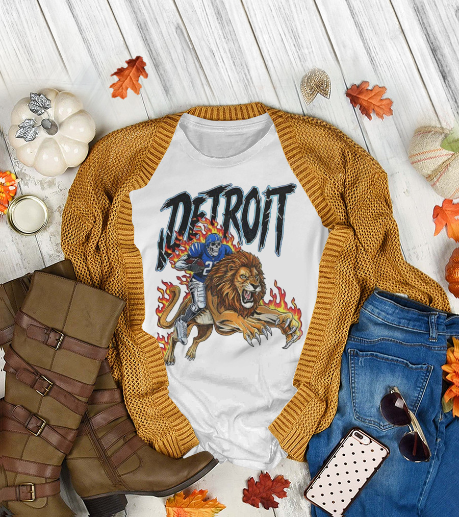 Detroit Lions Vintage Skeleton Riding Flaming Lion Football Game Day T-Shirt