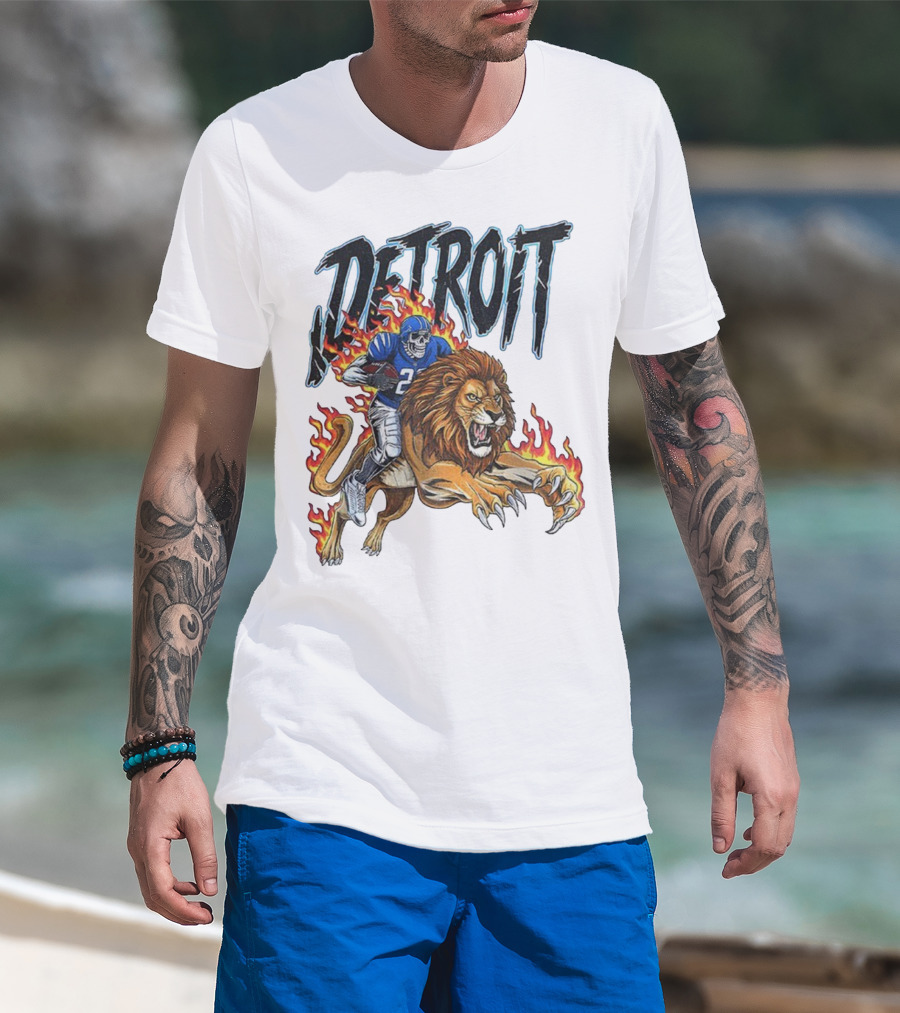 Detroit Lions Vintage Skeleton Riding Flaming Lion Football Game Day T-Shirt