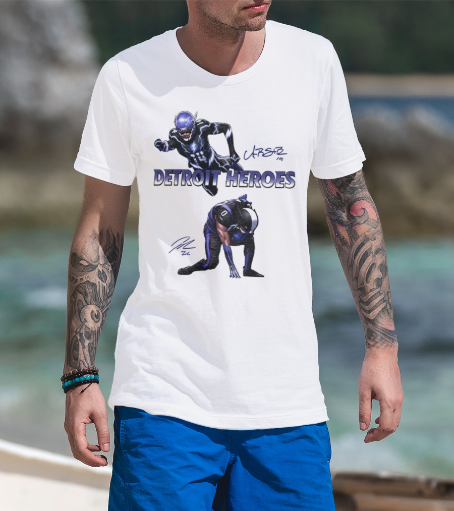 Jahmyr Gibbs Amon Ra St Brown Detroit Heroes 2025 Signature T-Shirt