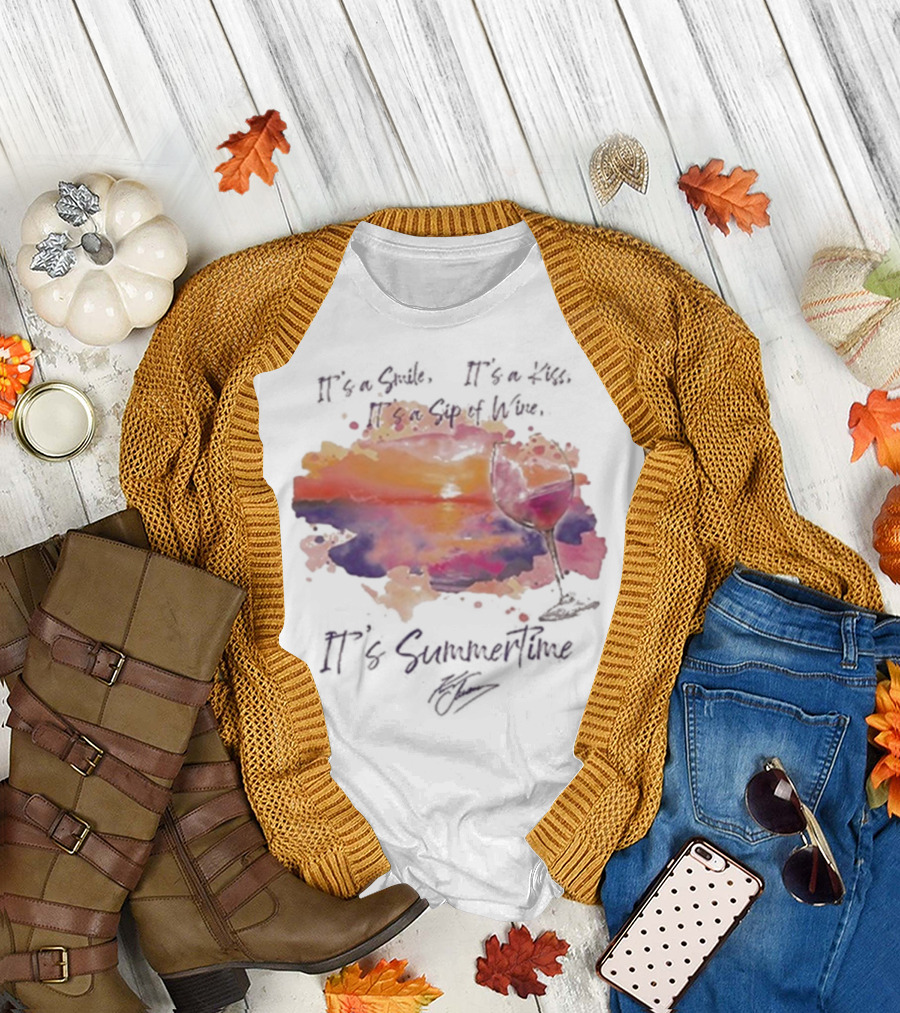 Kenny Chesney It's A Smile It's A Lie It's A Sip Of Wine It's Summertime Flowy Sunset Wine Glass T-Shirt