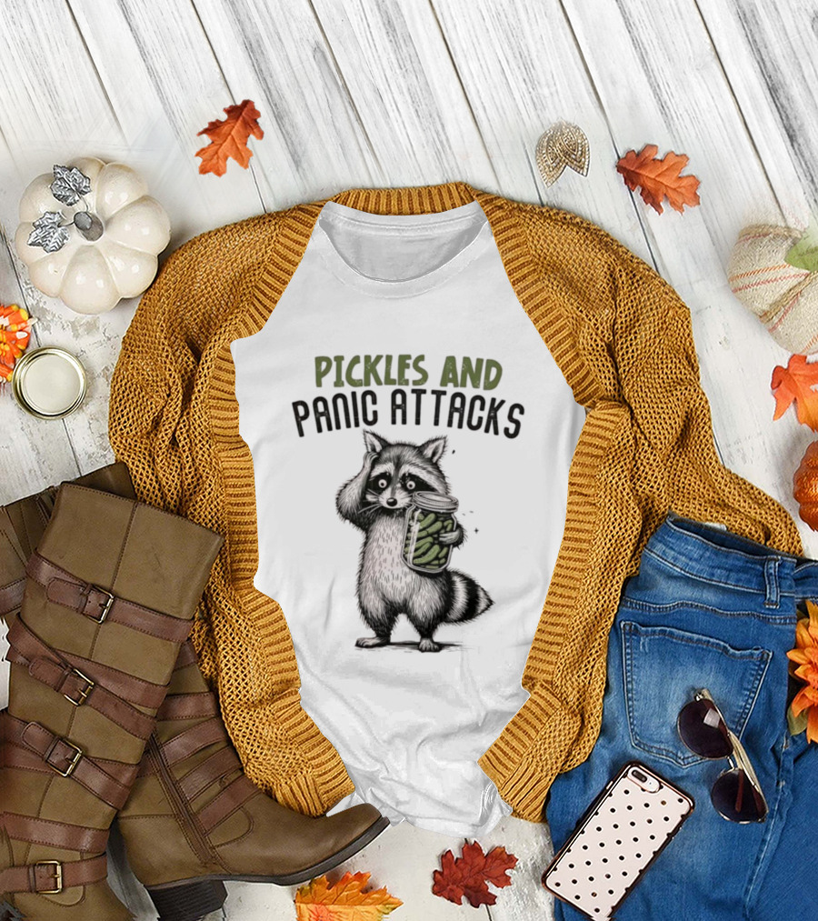 Pickles and Panic Attacks Raccoon Holding Jar Retro Mental Health Awareness T-Shirt
