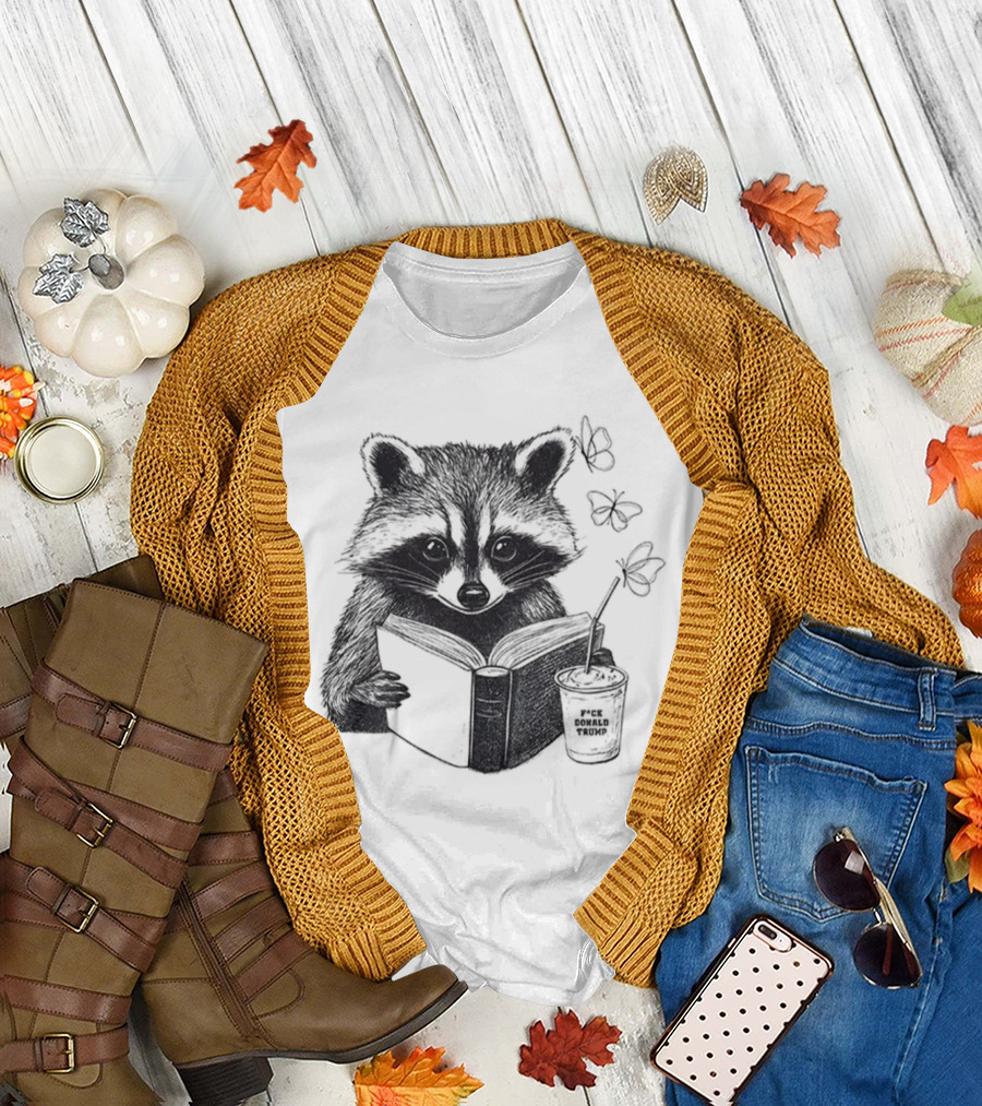 Raccoon Reading Book Coffee Cup Cozy Subtle Anti-Trump T-Shirt