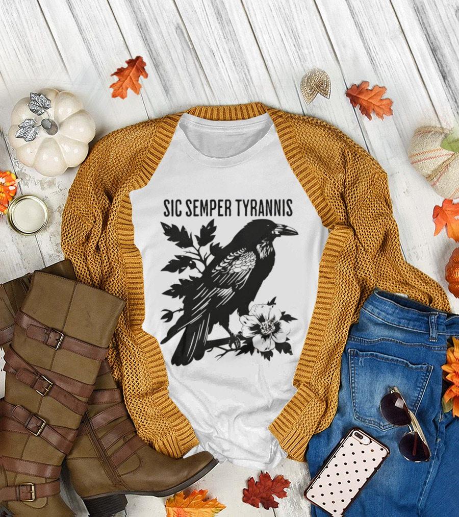 Sic Semper Tyrannis Raven with Leaves Graphic T-Shirt