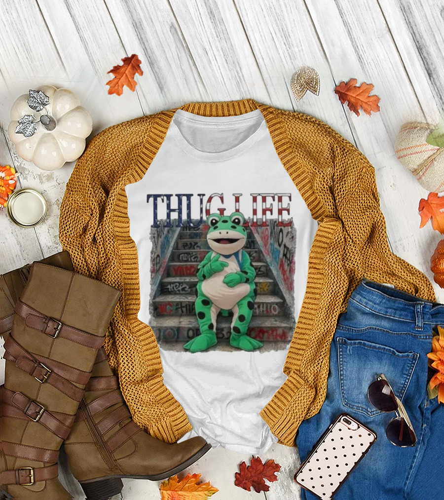 Thug Life Frog Costume Graffiti Stairs Protest Imagery T-Shirt