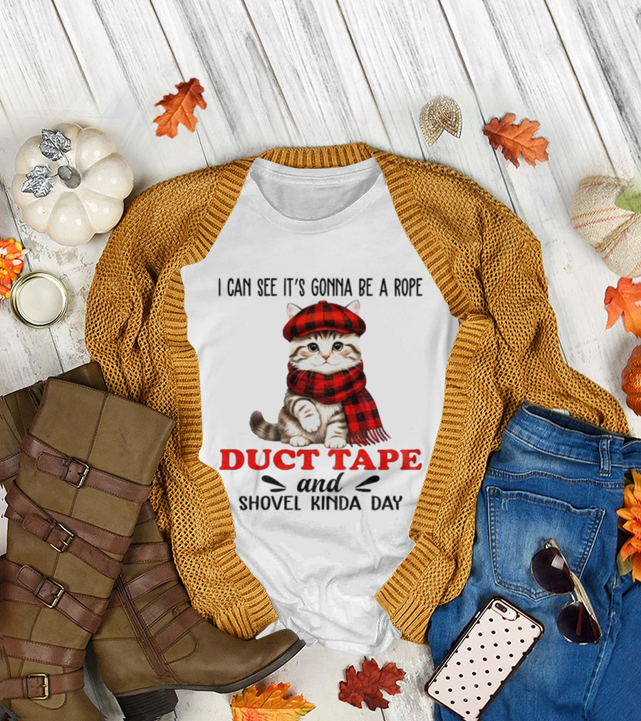 Cat In Red Plaid Hat Duct Tape Christmas T-Shirt