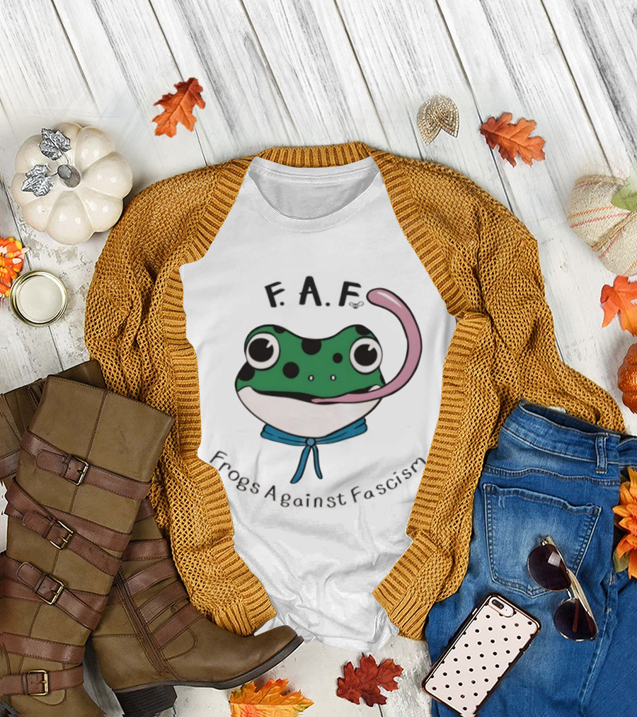 F.A.F Frogs Against Fascism Playful Green Frog with Tongue and Blue Scarf T-Shirt