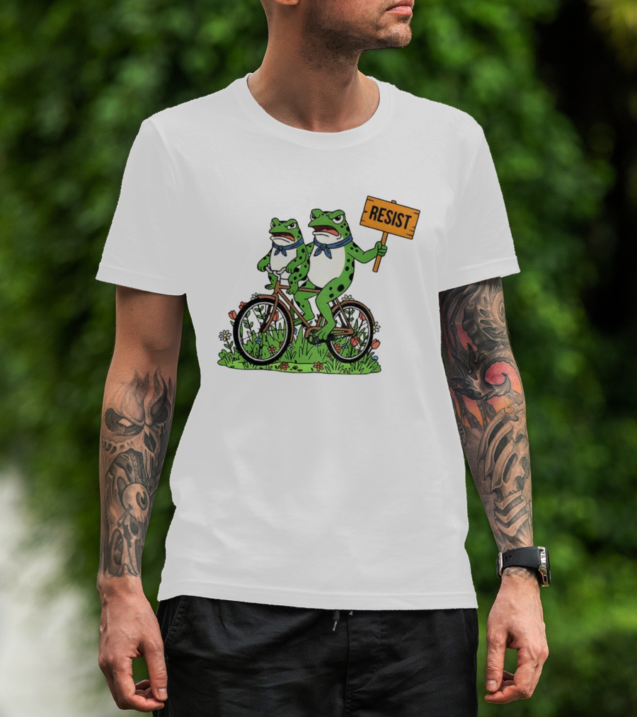 Frog On Bike Resist Protest Sign Portland Garden Scene T-Shirt