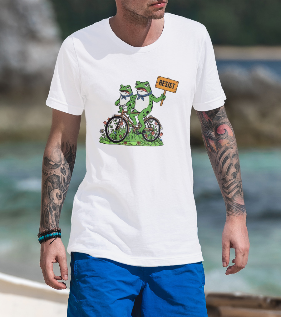 Frog On Bike Resist Protest Sign Portland Garden Scene T-Shirt