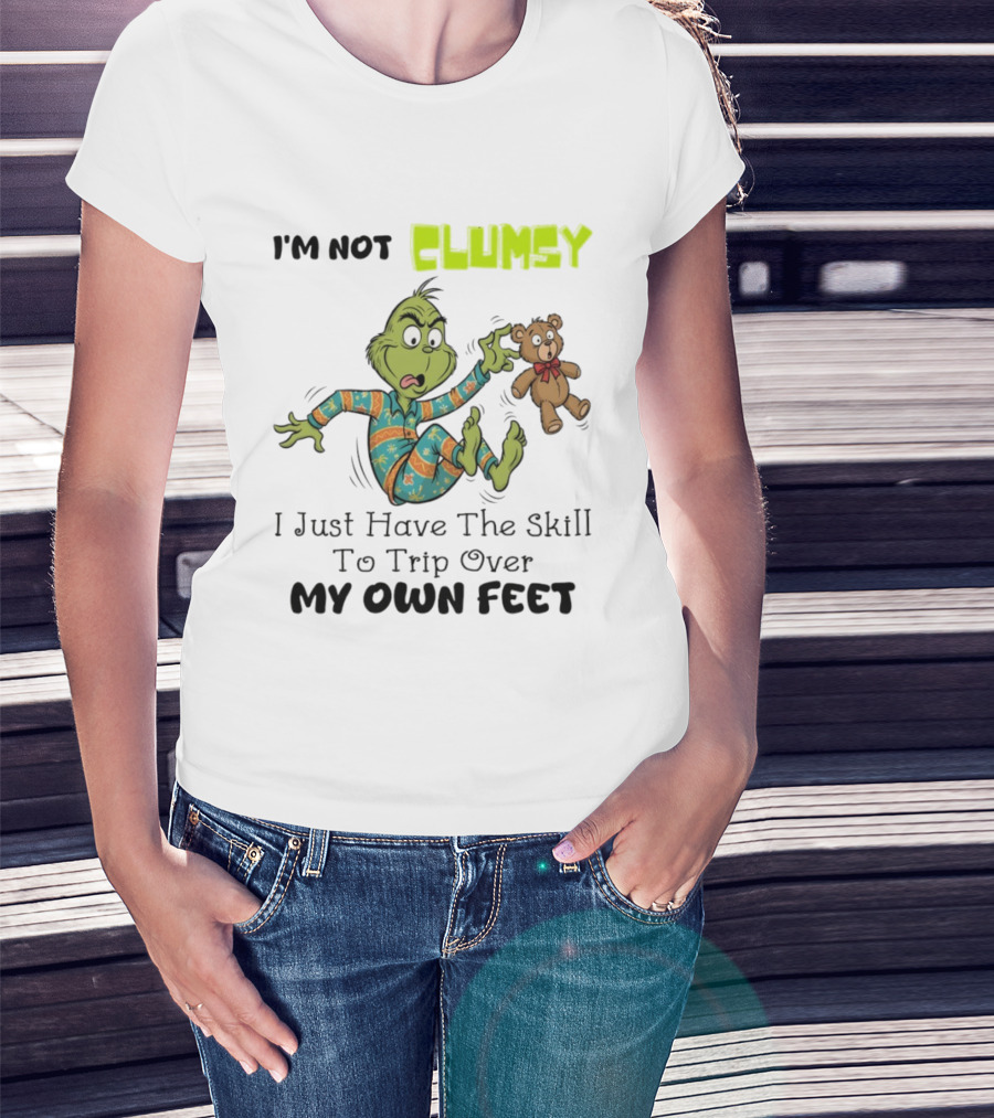 Grinch Clumsy Trip Over My Own Feet Christmas Pajamas Bear T-Shirt