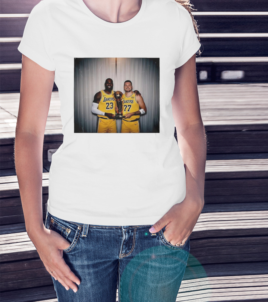 Los Angeles Lakers LeBron James Luka Dončić Holding Trophy June 2026 T-Shirt