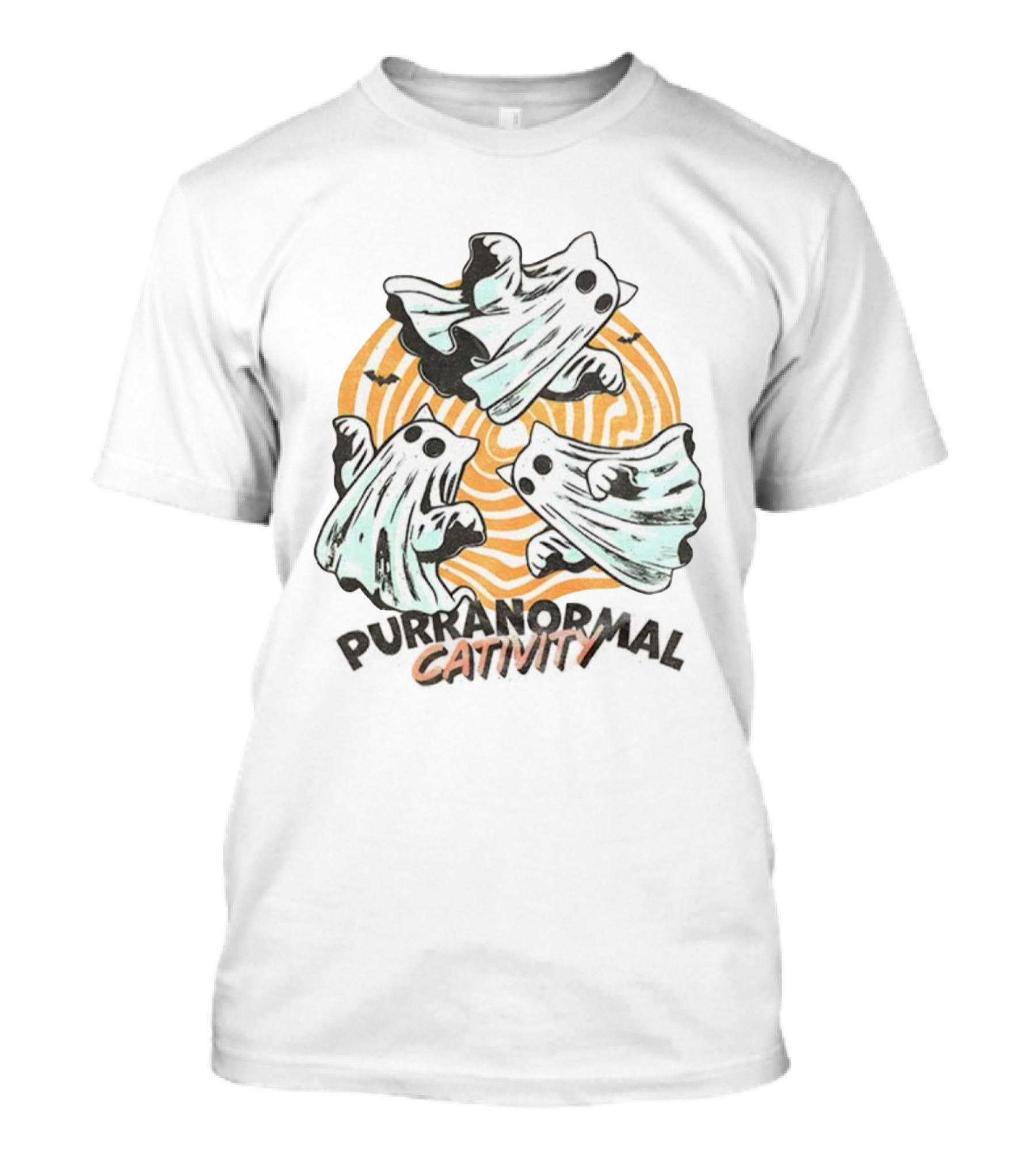 Purranormal Cativity Ghost Cat Halloween Bats Swirl Maze T-Shirt