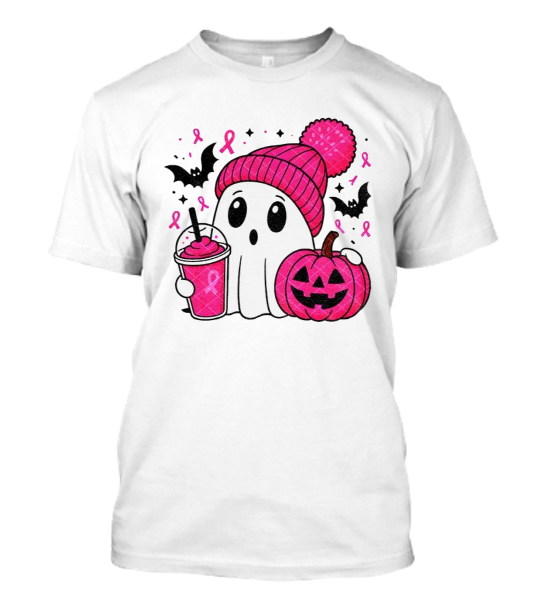 Spooky Ghost Pink Pumpkin Breast Cancer Awareness With Ribbon In October We Wear Pink T-Shirt