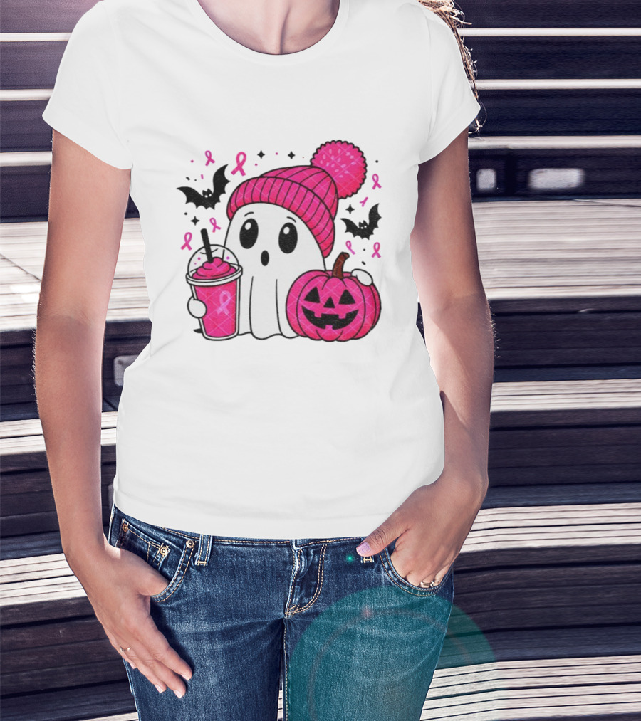 Spooky Ghost Pink Pumpkin Breast Cancer Awareness With Ribbon In October We Wear Pink T-Shirt