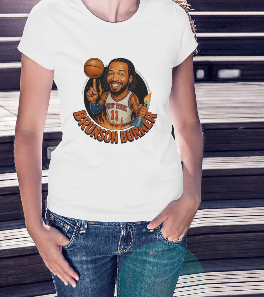 New York Knicks Brunson Burner Cartoon With Basketball And Flames T-Shirt