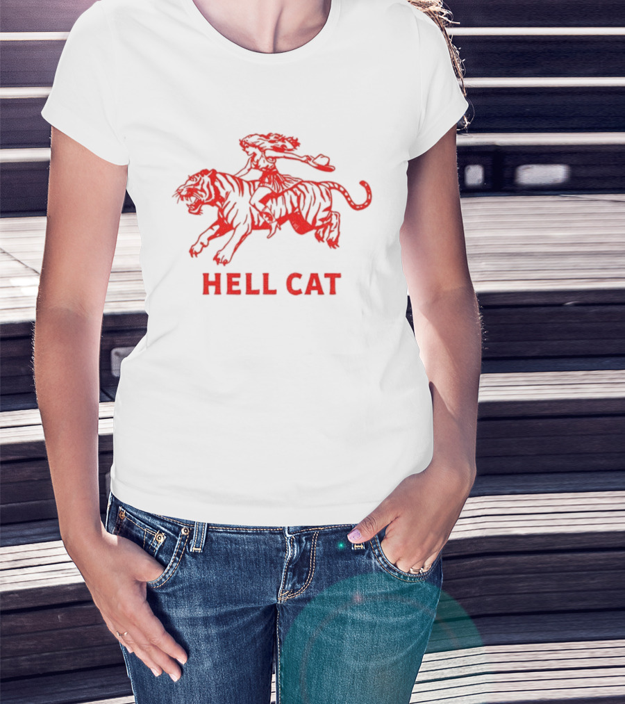 Hell Cat Vintage Cowgirl Riding Tiger Design T-Shirt