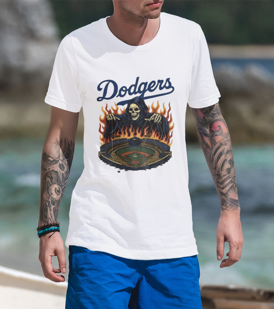 Dodgers Grim Reaper Over Baseball Stadium Fire Swea T-Shirt