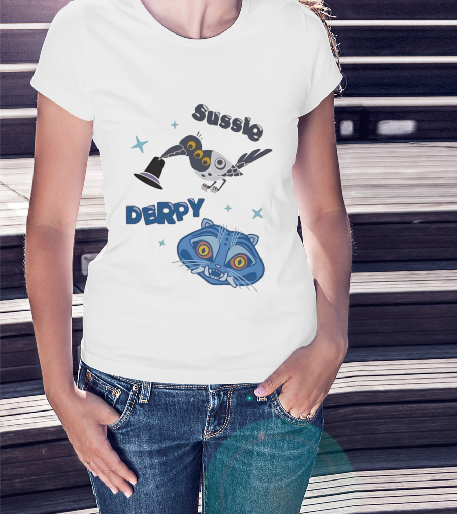 Sussie Derpy Cartoon Bird And Tiger Characters With Stars KPop Demon Hunters T-Shirt