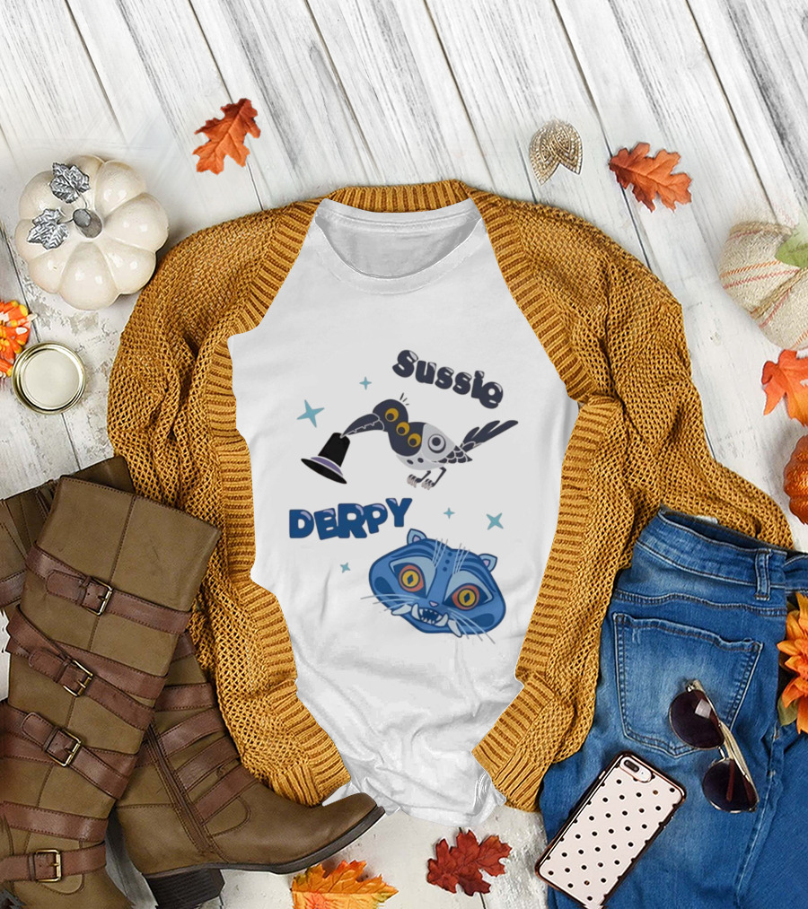Sussie Derpy Cartoon Bird And Tiger Characters With Stars KPop Demon Hunters T-Shirt