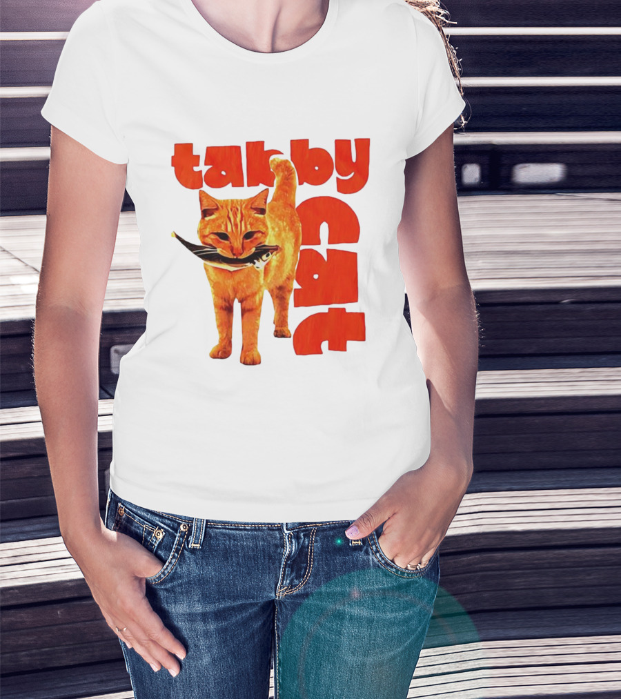 Tabby Cat Holding Fish Meme Retro Font T-Shirt