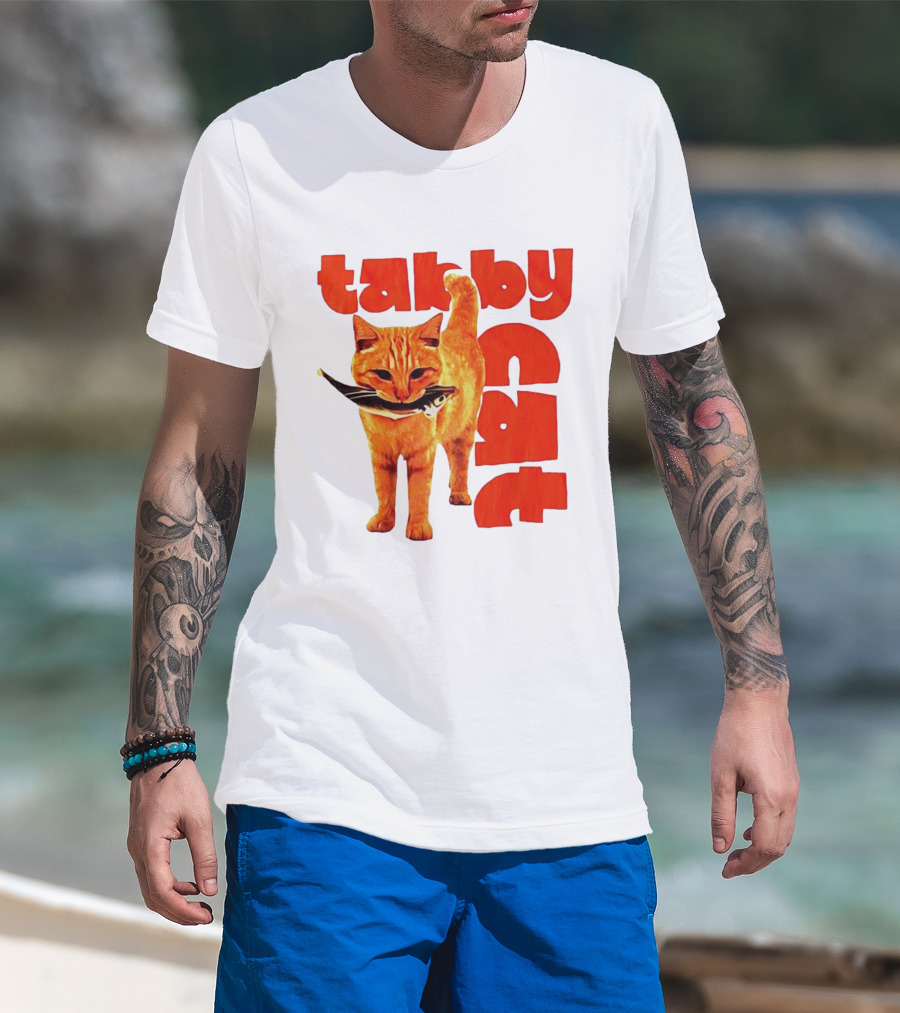 Tabby Cat Holding Fish Meme Retro Font T-Shirt
