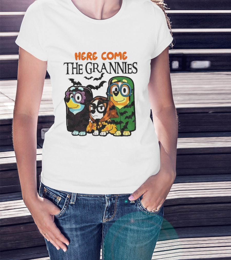 Here Come The Grannies Halloween Blue Dog Characters In Costumes T-Shirt