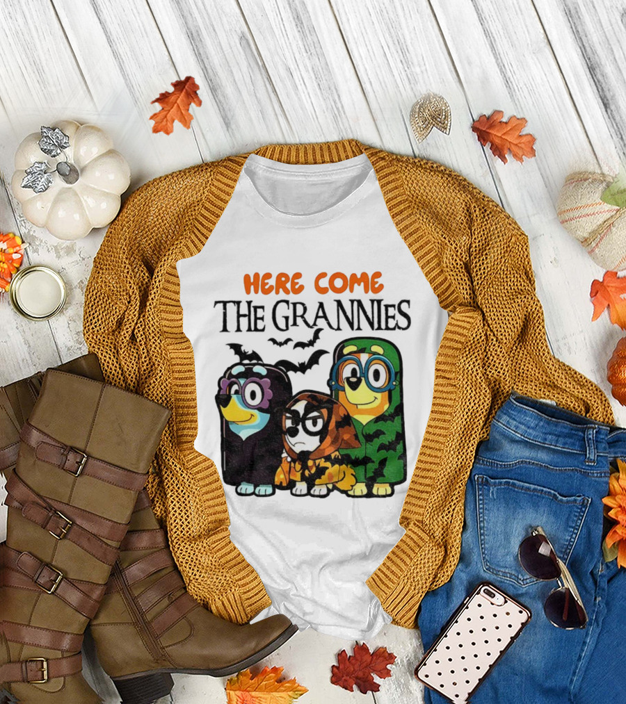 Here Come the Grannies Halloween Blue Dog Characters in Costumes T-Shirt