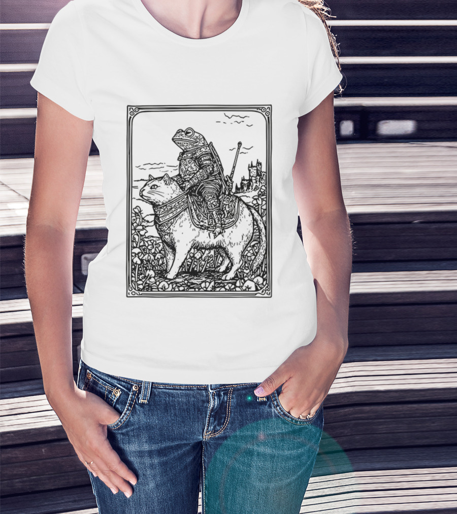 Medieval Frog Knight Riding A Cat In Armor Scene T-Shirt