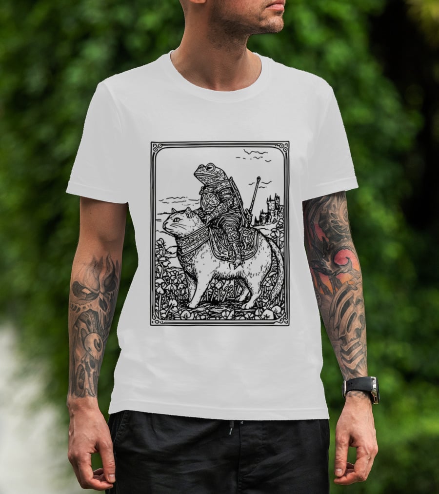 Medieval Frog Knight Riding A Cat In Armor Scene T-Shirt