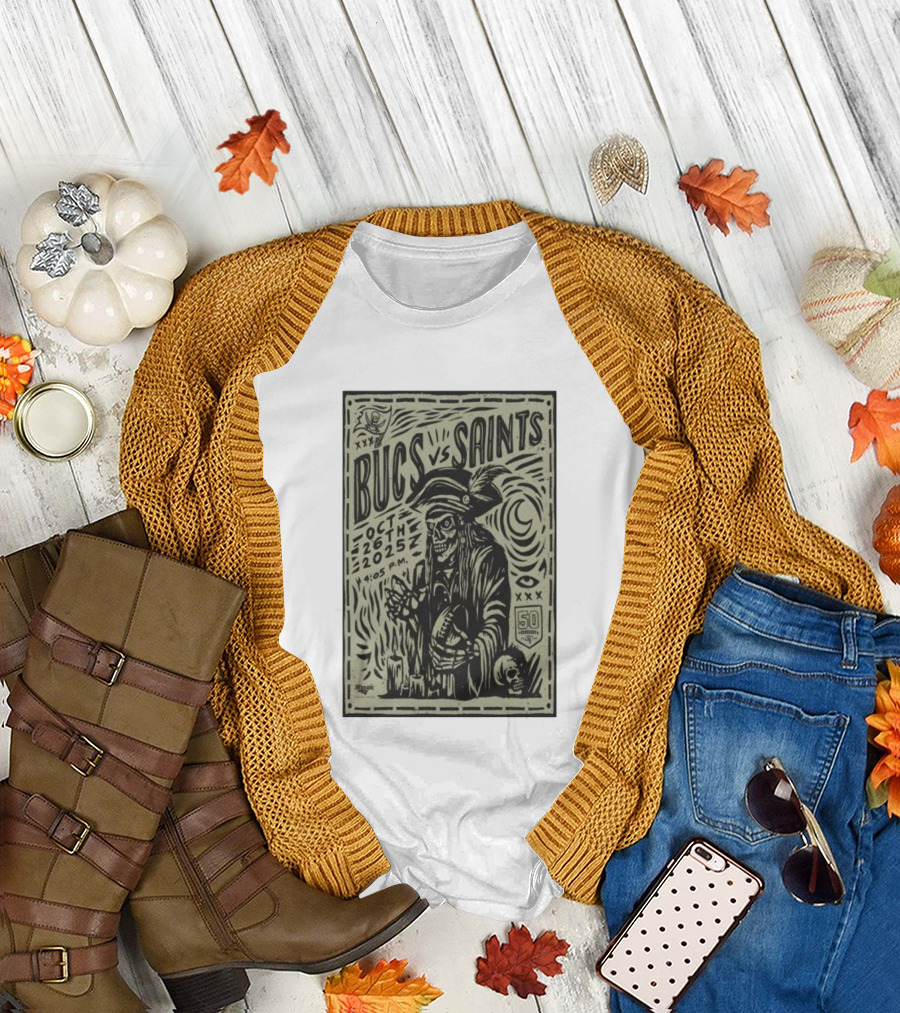 Bucs vs Saints October 26 2025 4:05 P.M. 50 Seasons Pirate Skull Linocut T-Shirt