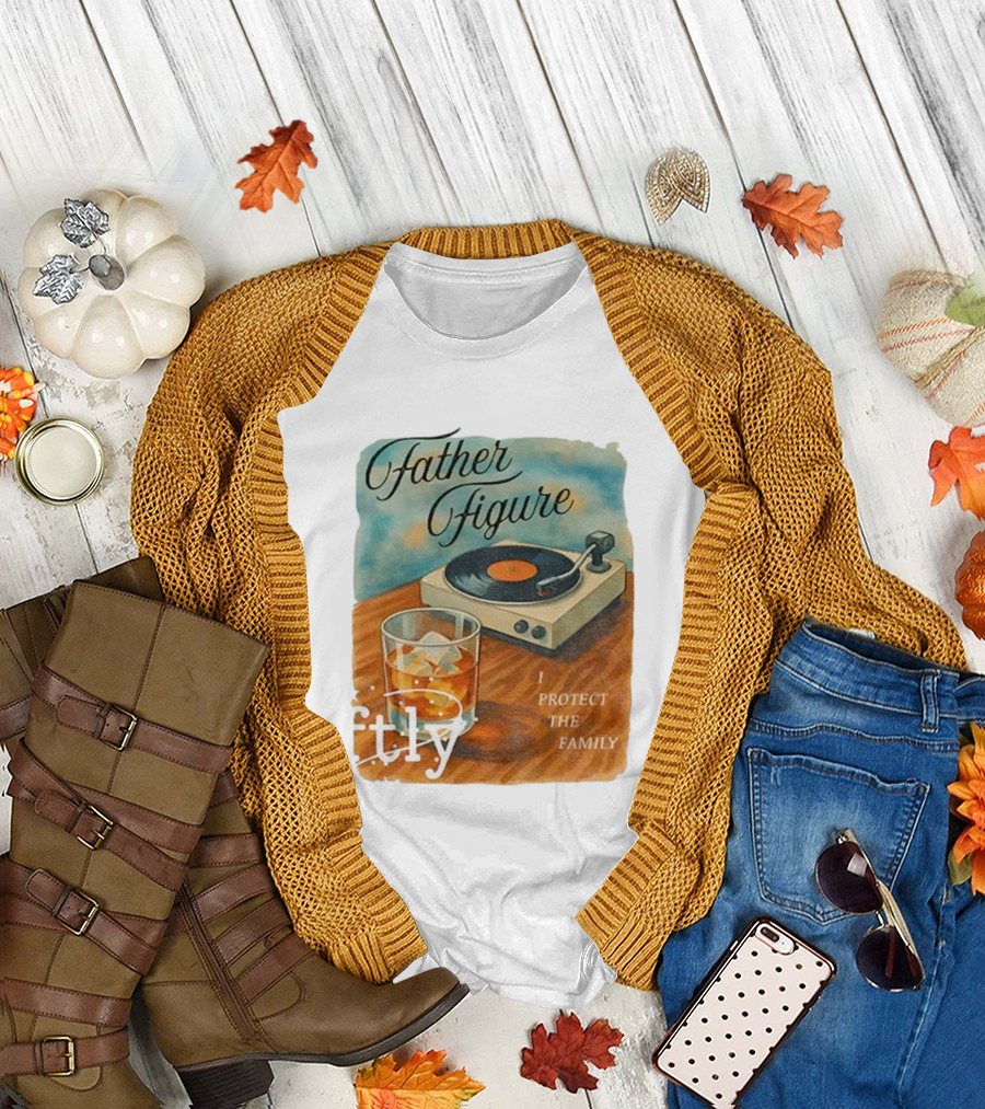 Father Figure I Protect The Family Vintage Record Player and Whiskey Glass T-Shirt