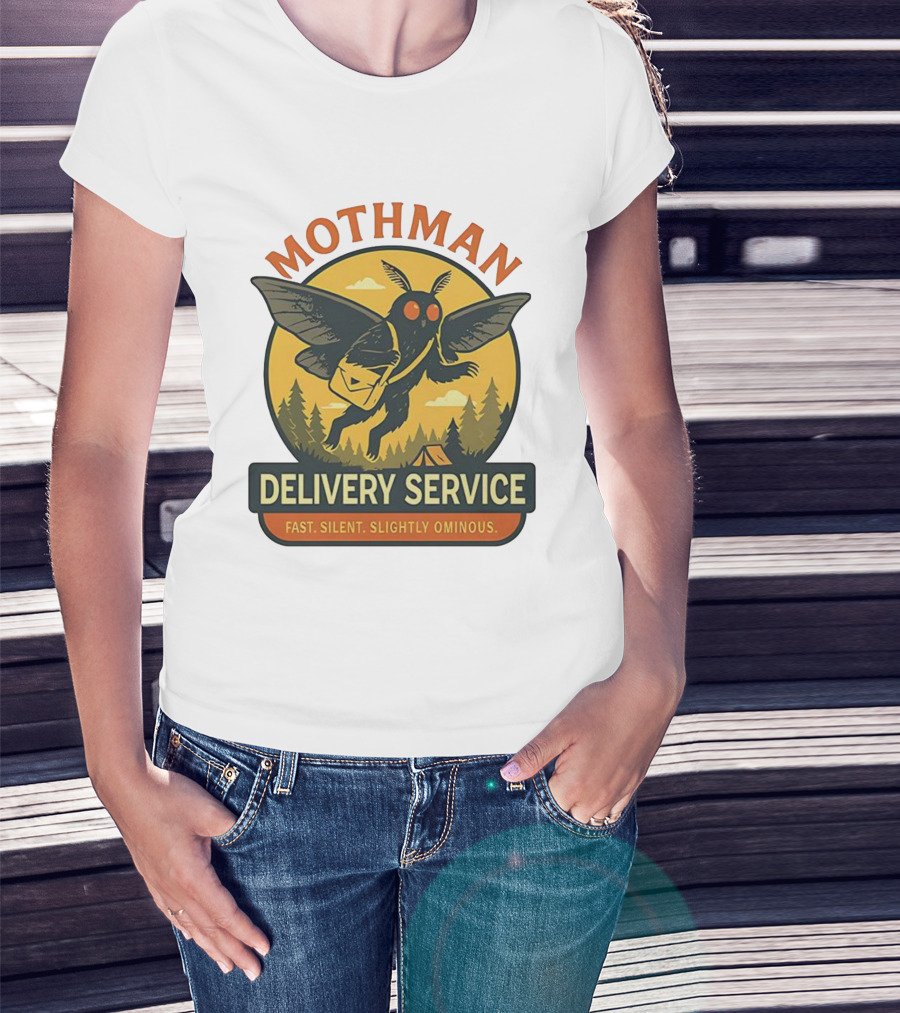 Mothman Delivery Service Fast Silent Slightly Ominous Retro Forest Imagery T-Shirt