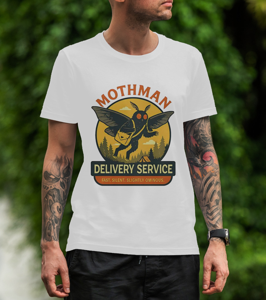 Mothman Delivery Service Fast Silent Slightly Ominous Retro Forest Imagery T-Shirt